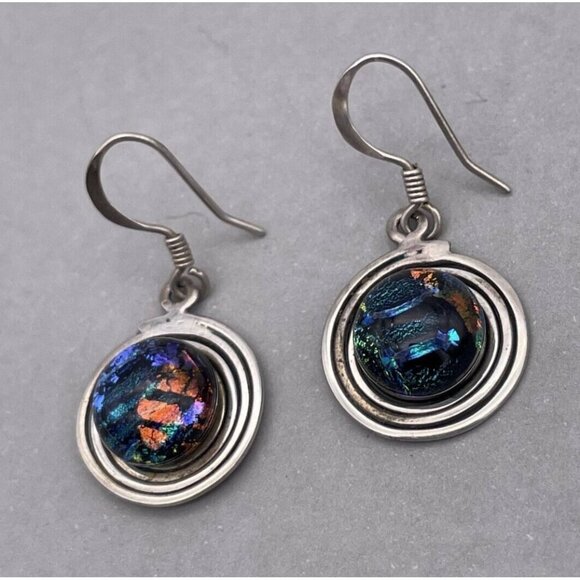 925 Sterling Silver Round Dichroic Glass Dangle Drop Earring Hook Closure - Picture 5 of 11